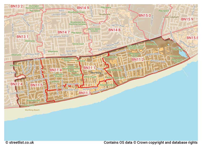 map showing postcode sectors within the BN11 district