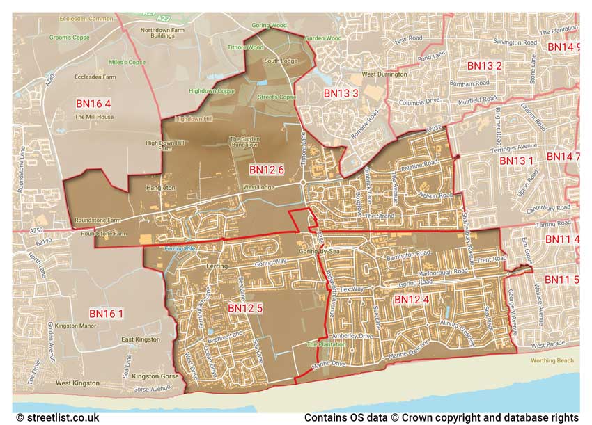 map showing postcode sectors within the BN12 district