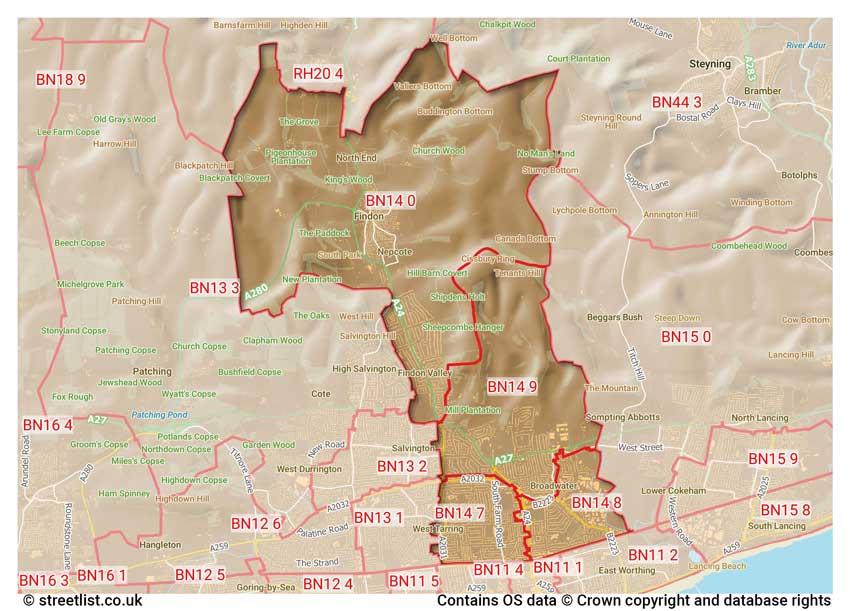 map showing postcode sectors within the BN14 district