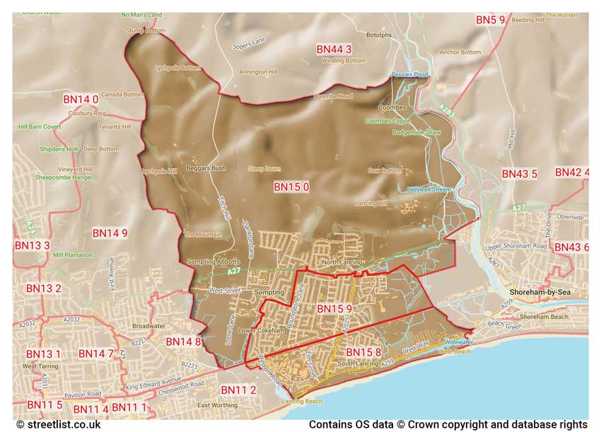 map showing postcode sectors within the BN15 district