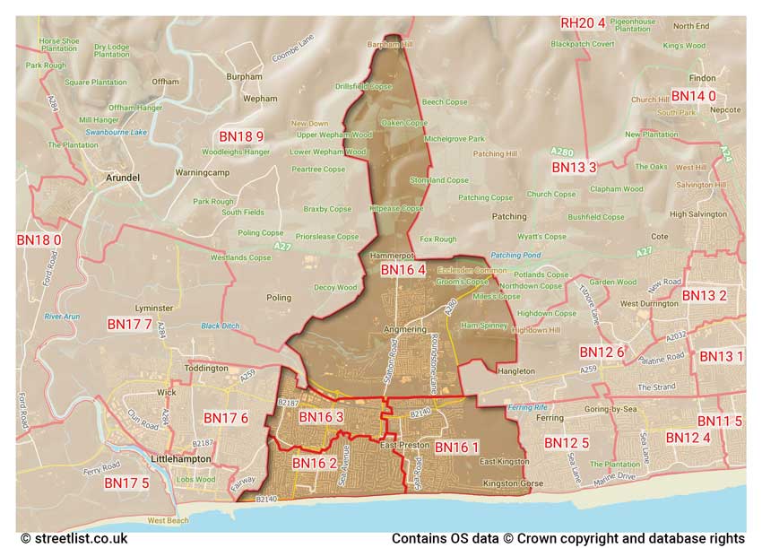 map showing postcode sectors within the BN16 district