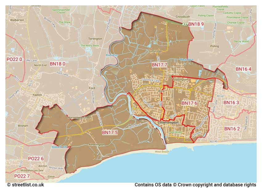 map showing postcode sectors within the BN17 district