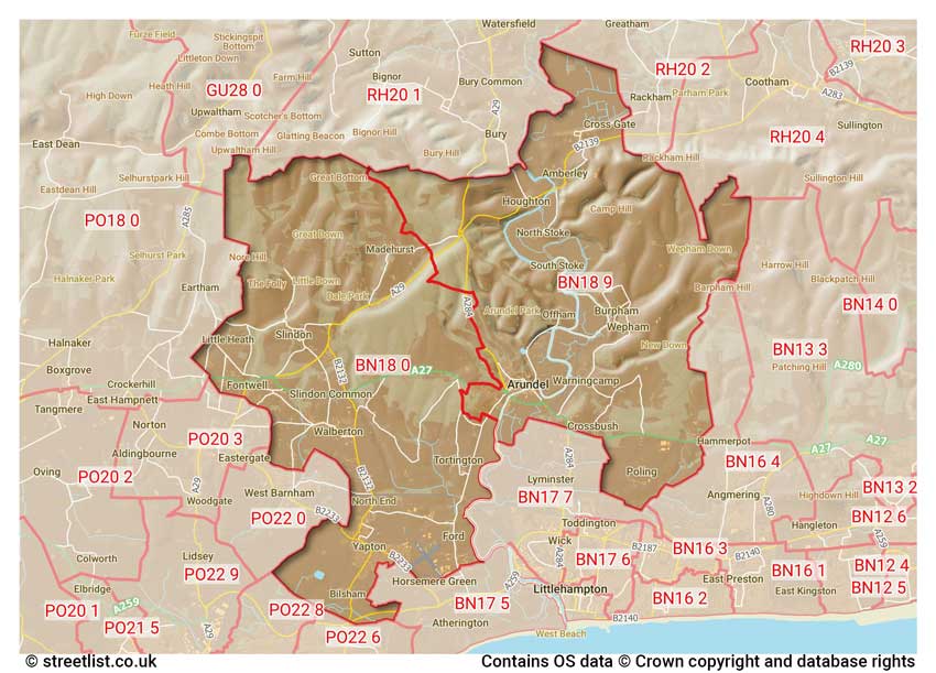 map showing postcode sectors within the BN18 district