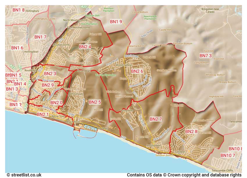 map showing postcode sectors within the BN2 district