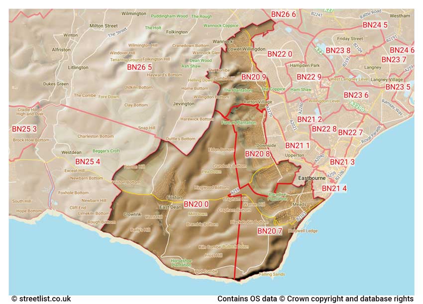 map showing postcode sectors within the BN20 district