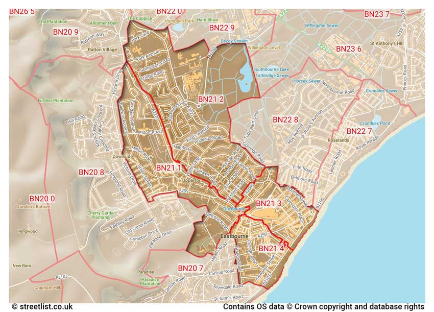 map showing postcode sectors within the BN21 district