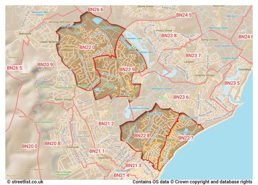 map showing postcode sectors within the BN22 district