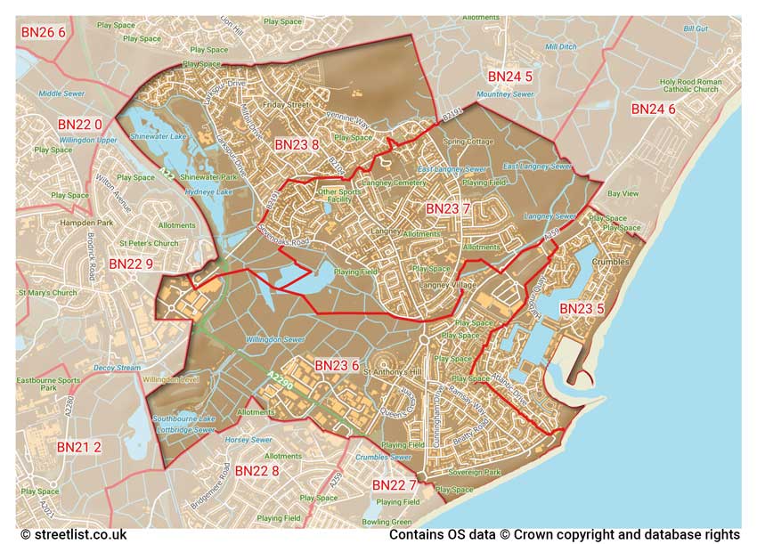 map showing postcode sectors within the BN23 district