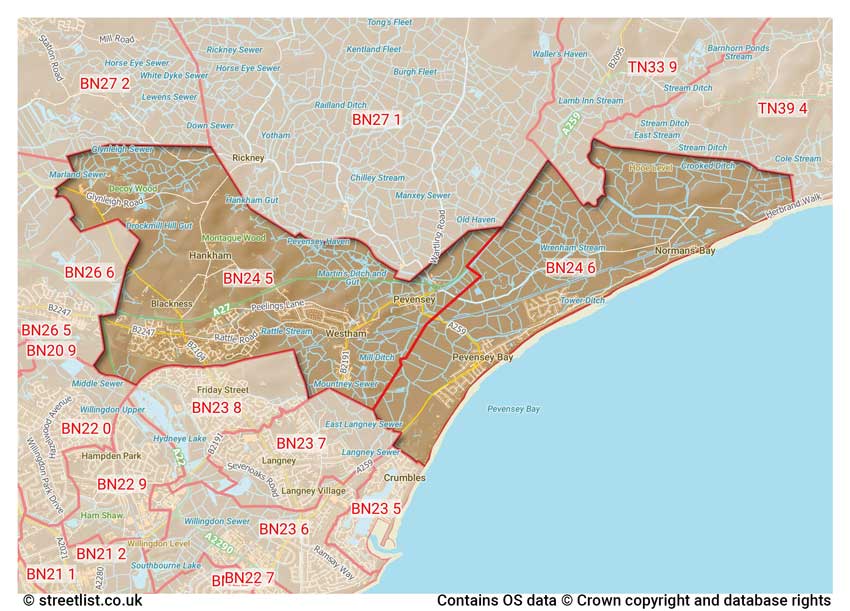 map showing postcode sectors within the BN24 district