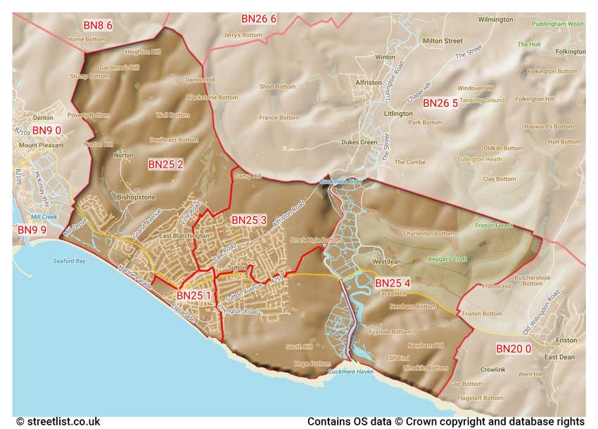 map showing postcode sectors within the BN25 district