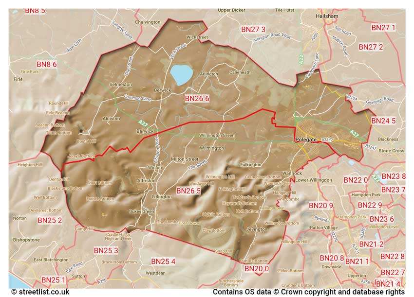 map showing postcode sectors within the BN26 district