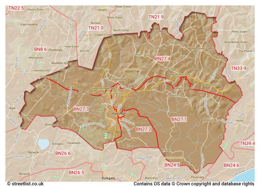 map showing postcode sectors within the BN27 district