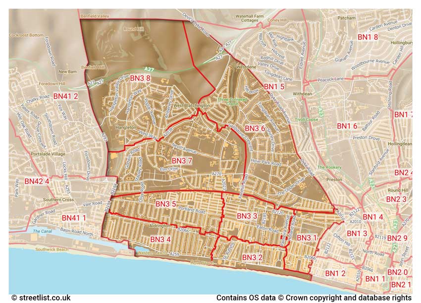 map showing postcode sectors within the BN3 district