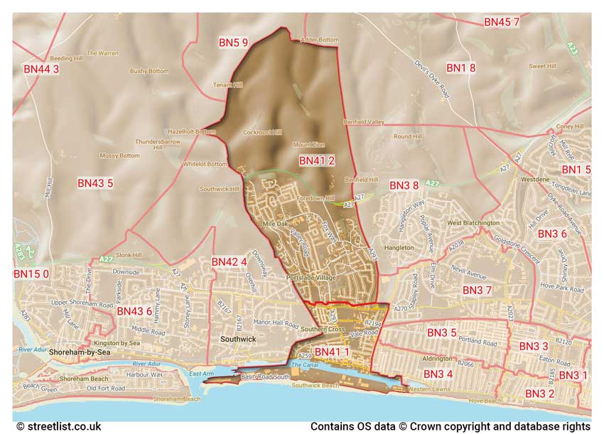 map showing postcode sectors within the BN41 district