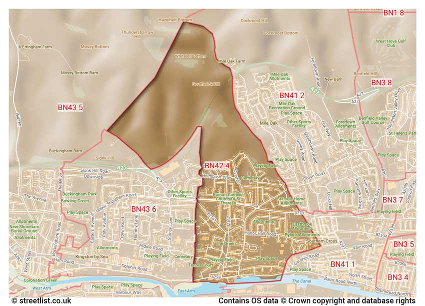 map showing postcode sectors within the BN42 district