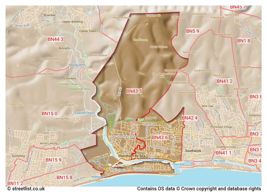 map showing postcode sectors within the BN43 district