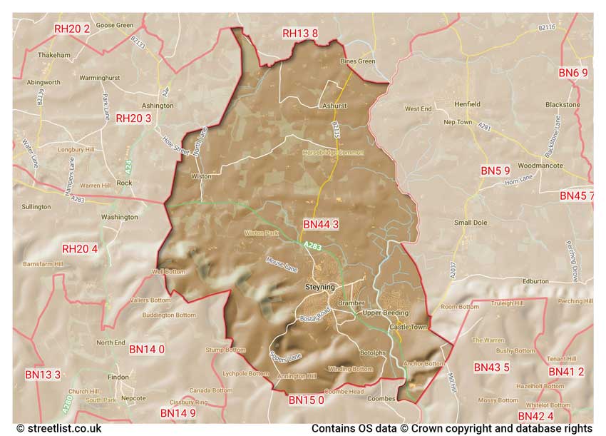 map showing postcode sectors within the BN44 district