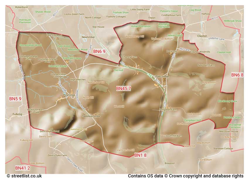 map showing postcode sectors within the BN45 district