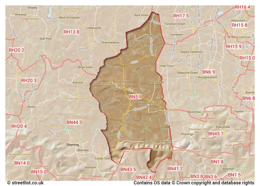 map showing postcode sectors within the BN5 district