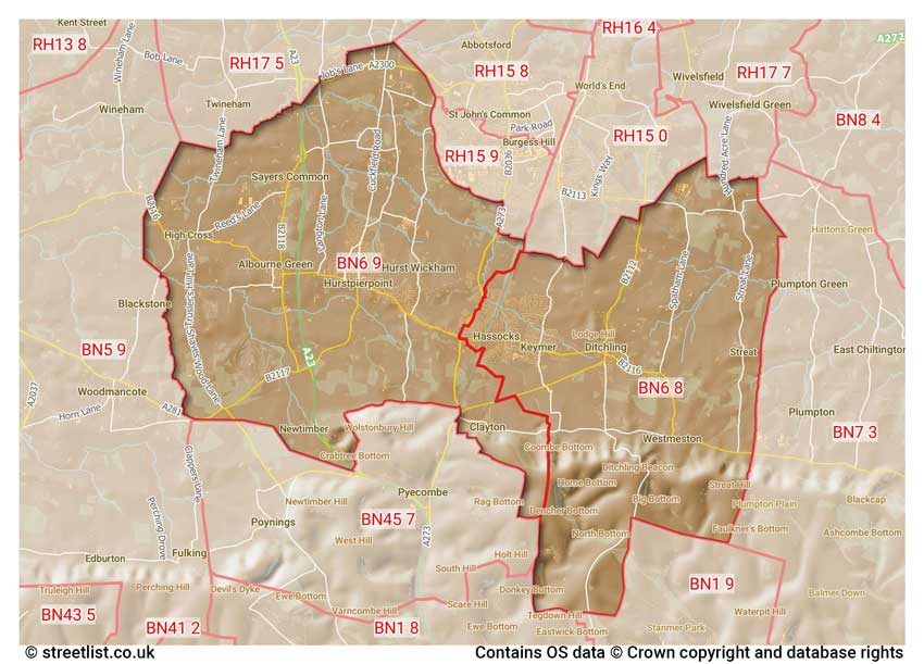 map showing postcode sectors within the BN6 district