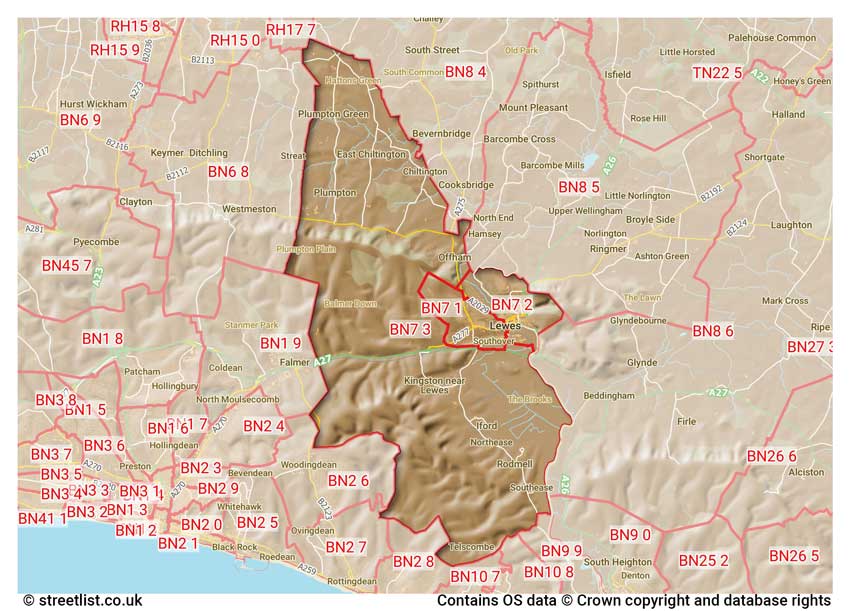 map showing postcode sectors within the BN7 district