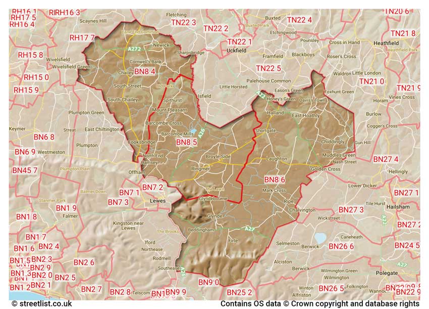 map showing postcode sectors within the BN8 district