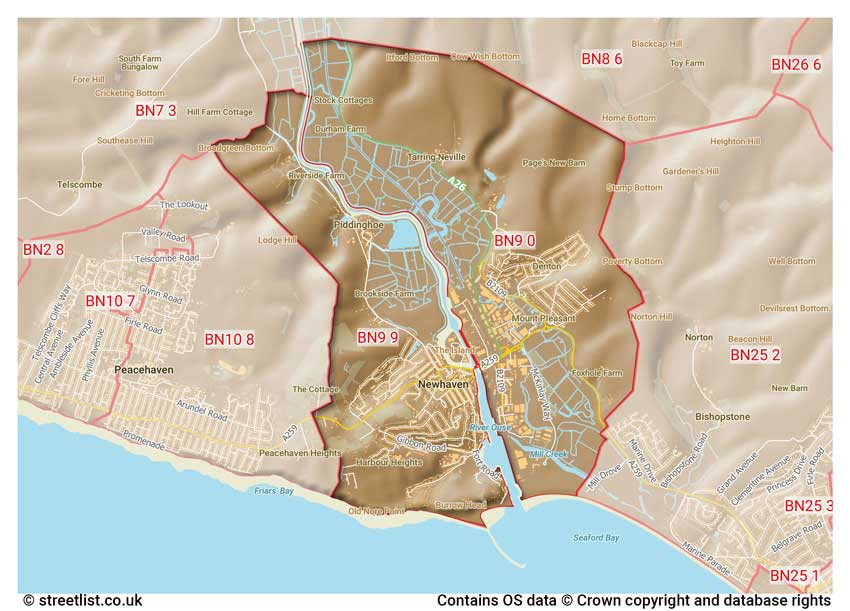 map showing postcode sectors within the BN9 district