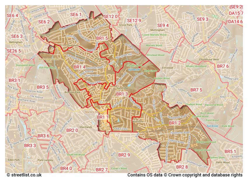 map showing postcode sectors within the BR1 district