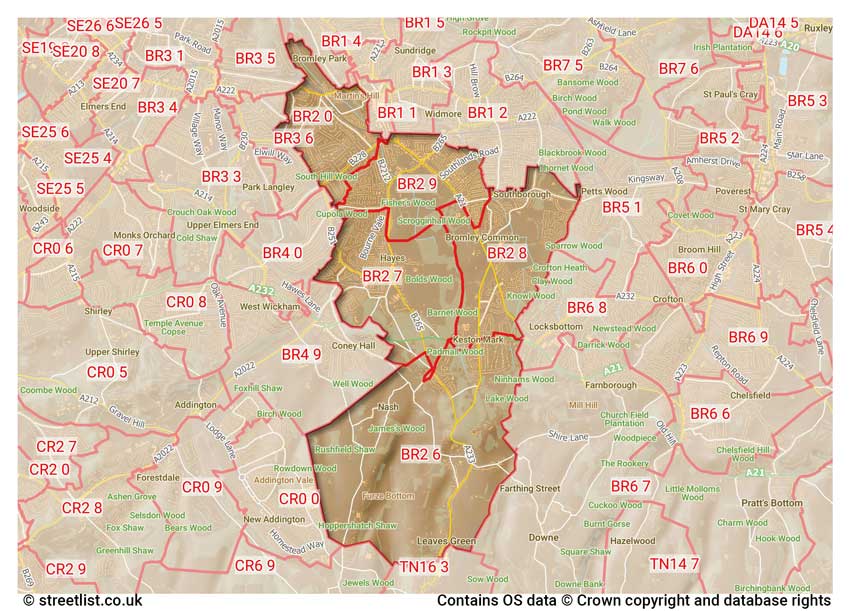 map showing postcode sectors within the BR2 district