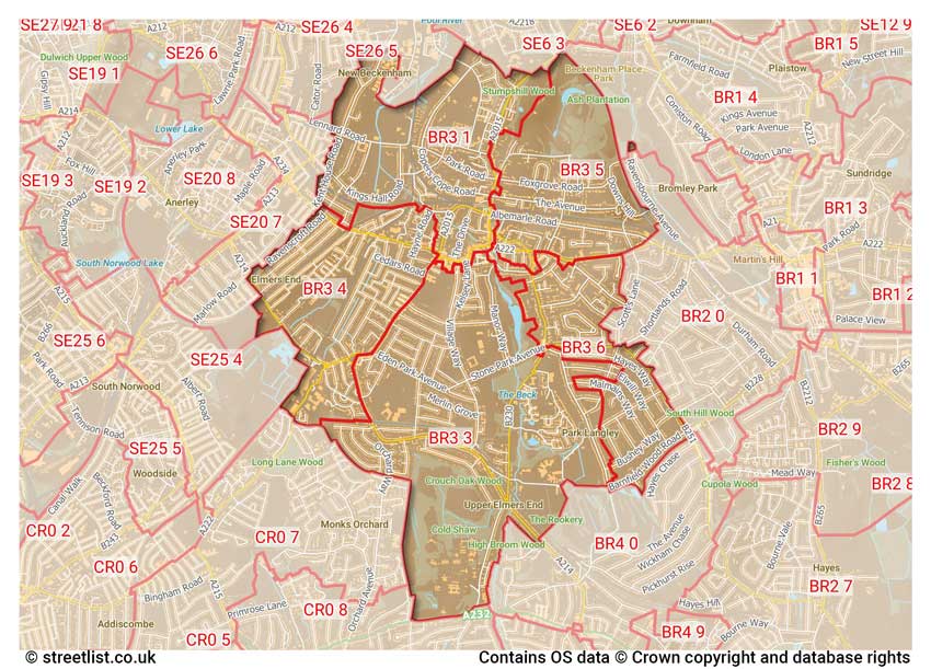 map showing postcode sectors within the BR3 district