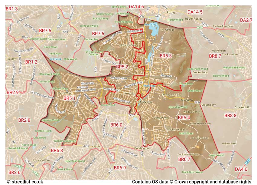 map showing postcode sectors within the BR5 district