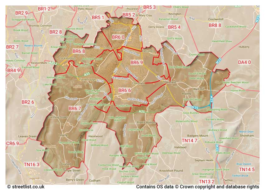 map showing postcode sectors within the BR6 district