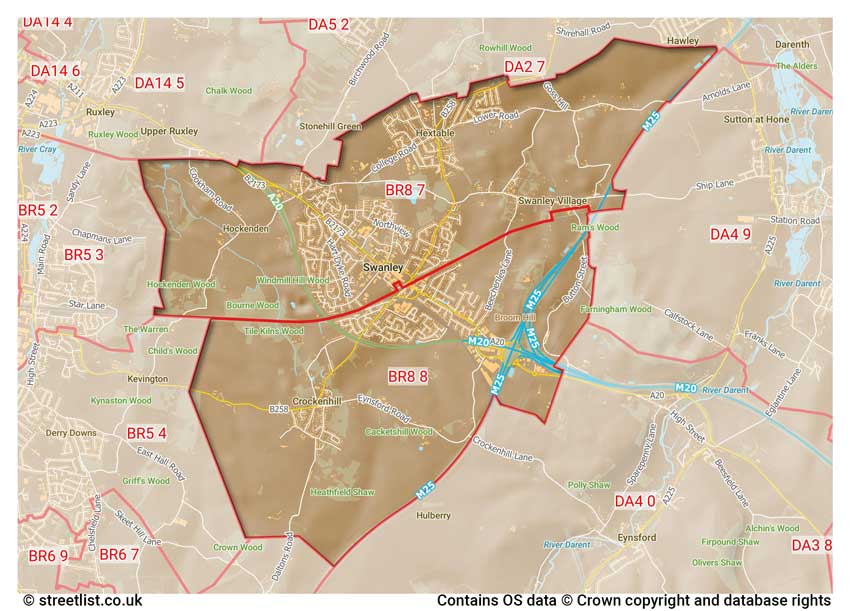 map showing postcode sectors within the BR8 district