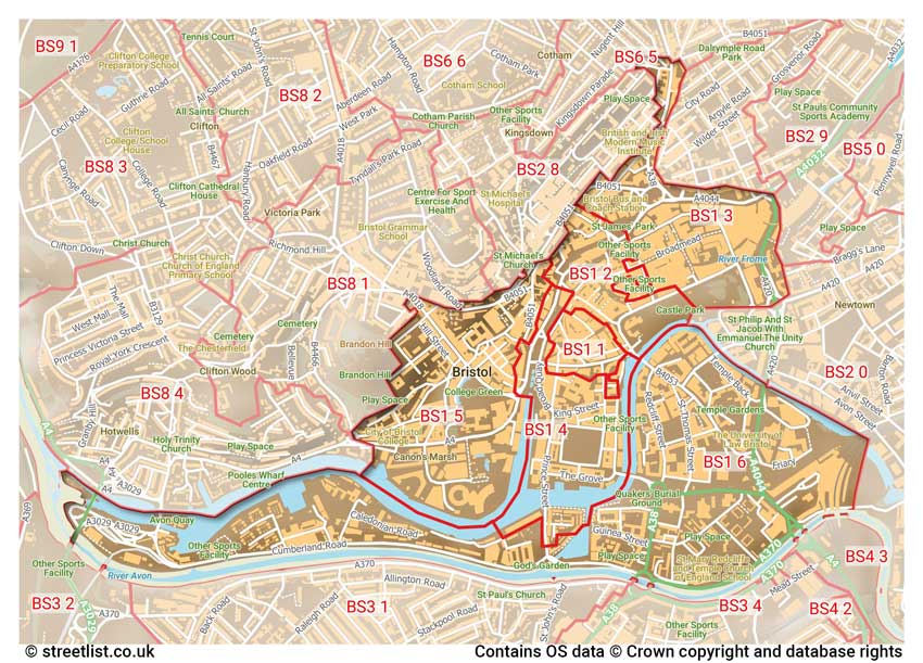 map showing postcode sectors within the BS1 district