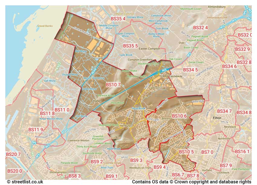 map showing postcode sectors within the BS10 district