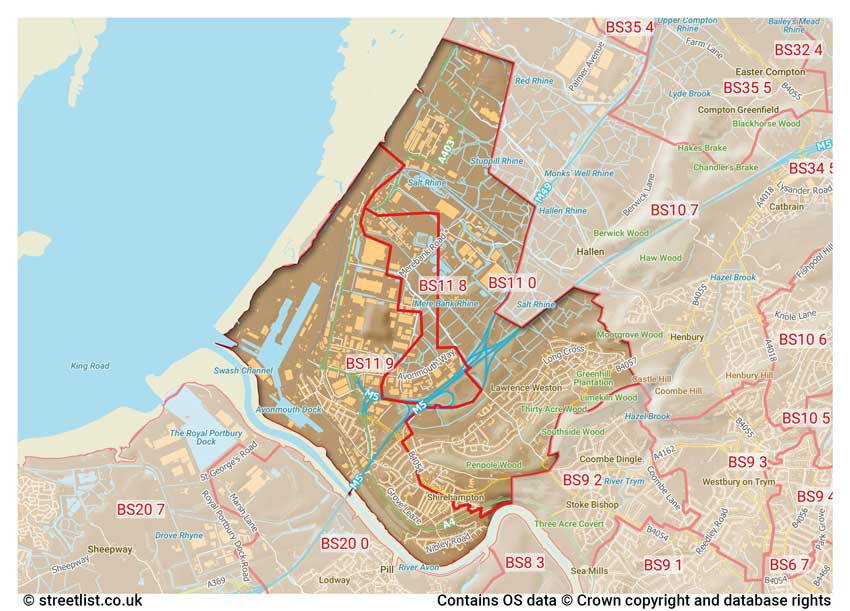 map showing postcode sectors within the BS11 district