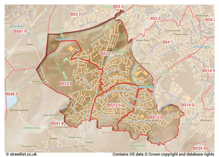 map showing postcode sectors within the BS13 district