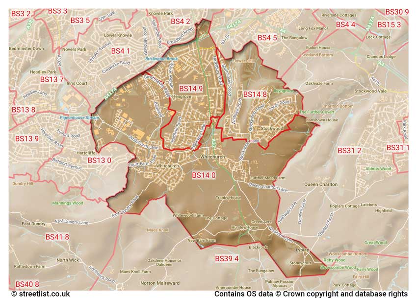 map showing postcode sectors within the BS14 district