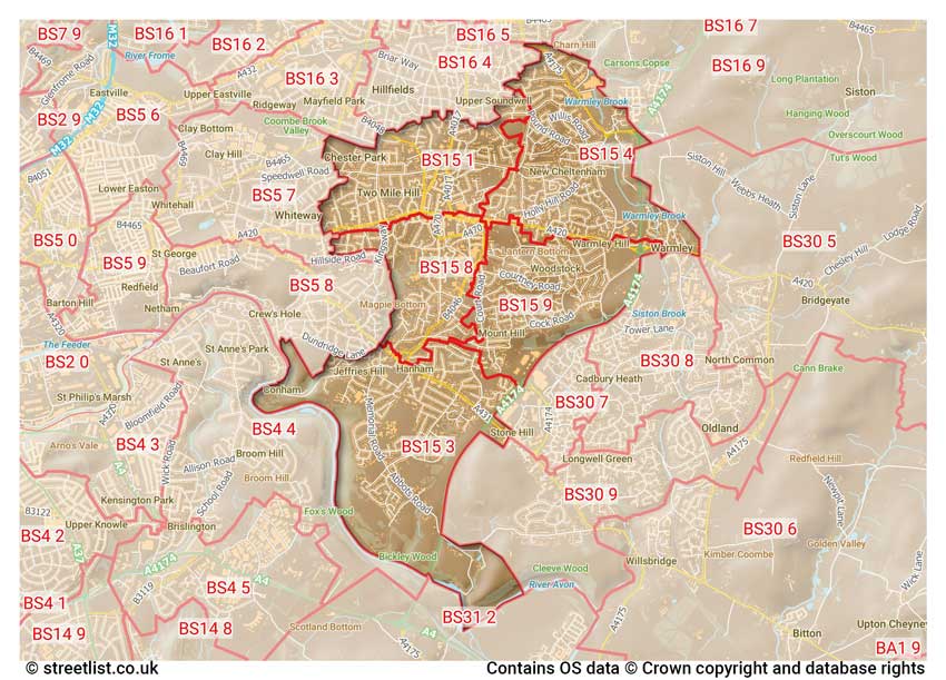 map showing postcode sectors within the BS15 district