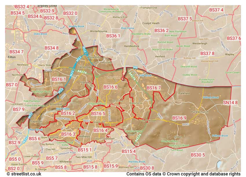 map showing postcode sectors within the BS16 district