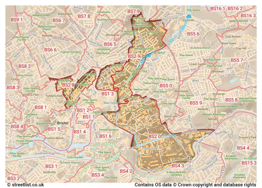 map showing postcode sectors within the BS2 district