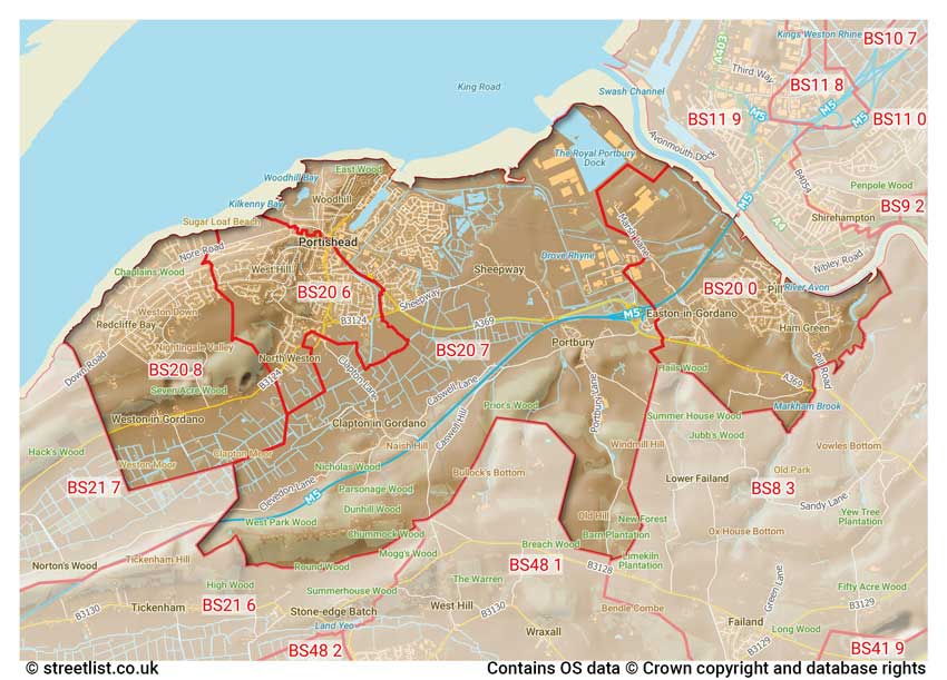 map showing postcode sectors within the BS20 district