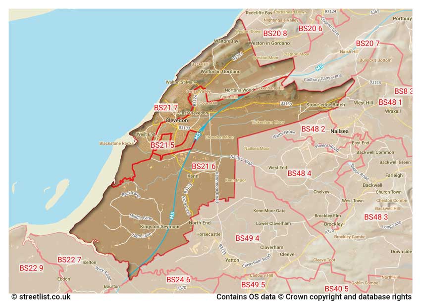 map showing postcode sectors within the BS21 district