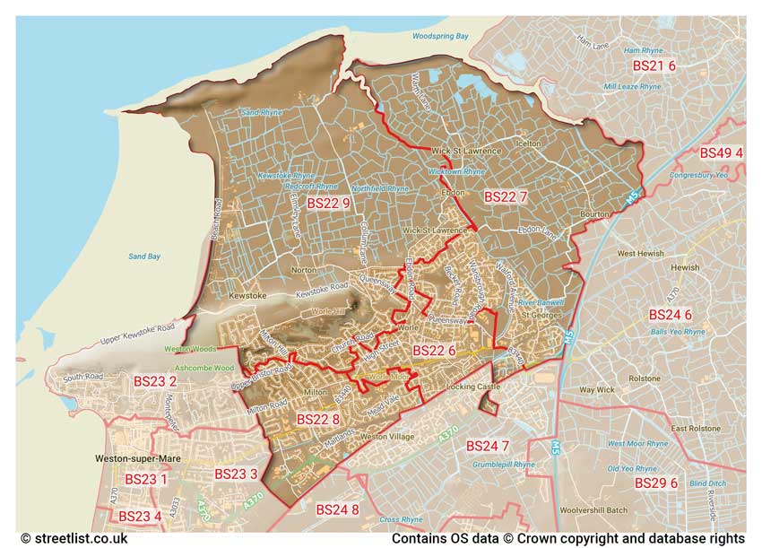 map showing postcode sectors within the BS22 district