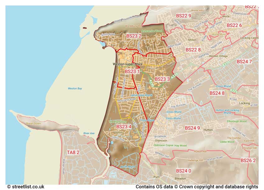 map showing postcode sectors within the BS23 district