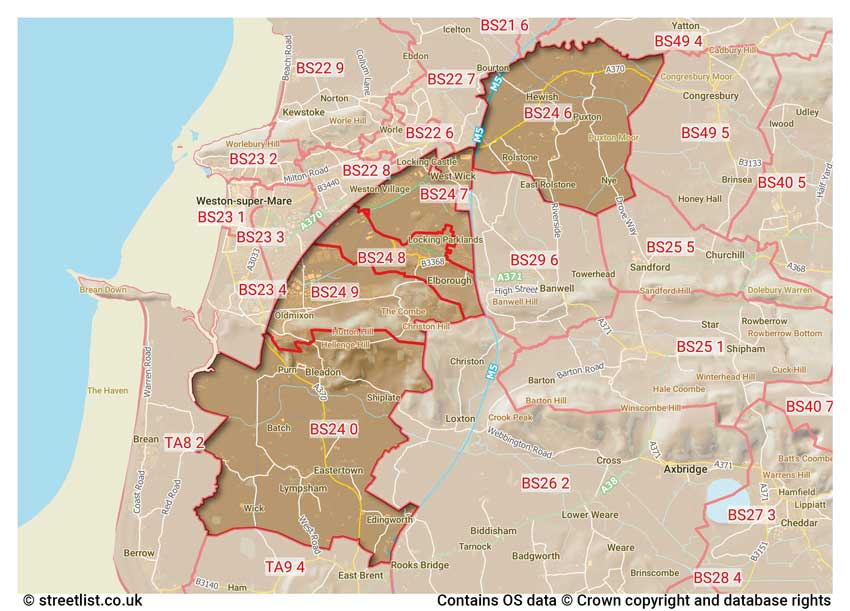 map showing postcode sectors within the BS24 district