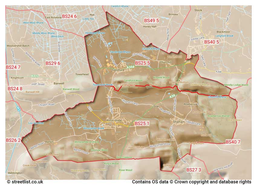 map showing postcode sectors within the BS25 district