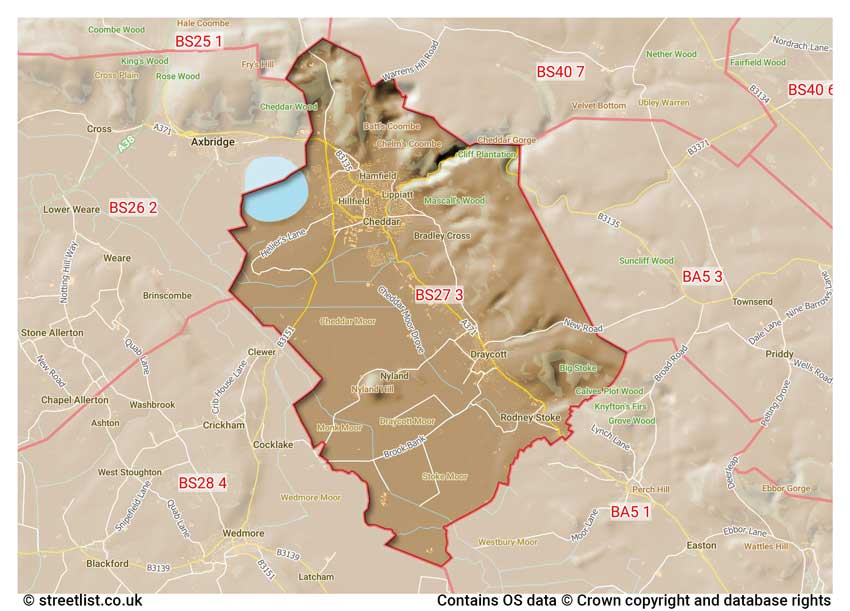 map showing postcode sectors within the BS27 district