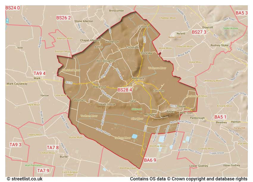 map showing postcode sectors within the BS28 district