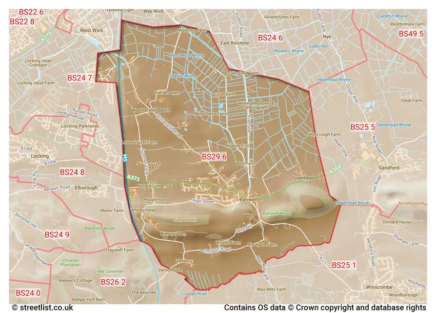 map showing postcode sectors within the BS29 district